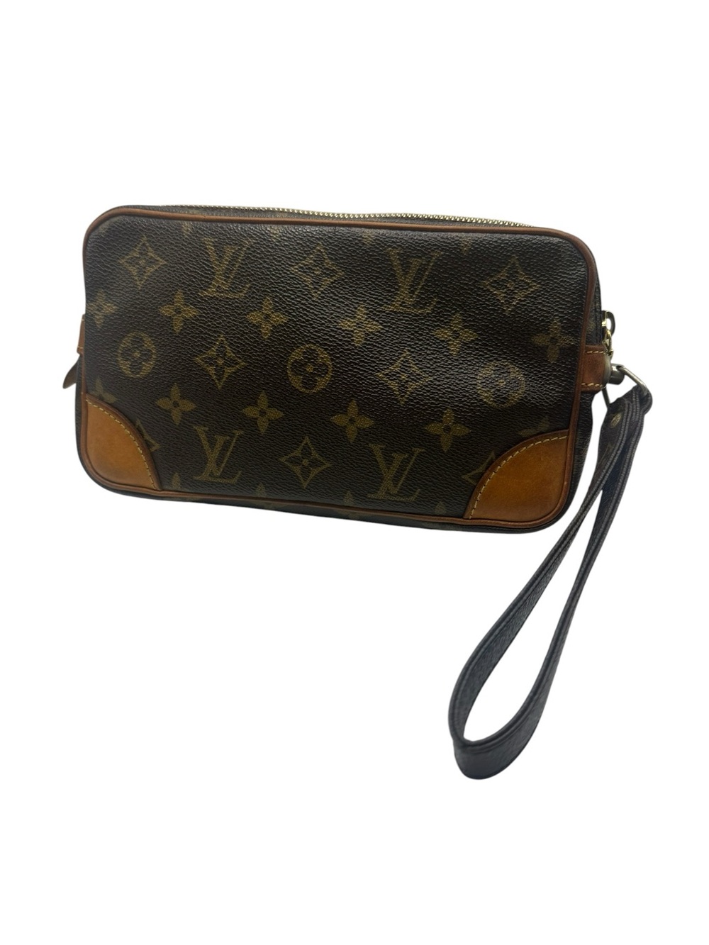 Louis Vuitton Brown Monogram Wristlet Pouch with Tan Trim